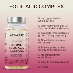 Aavalabs Acido Folico 400 μg | Per gravidanza e maternità | 120 capsule