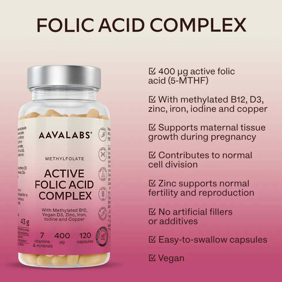 Aavalabs Acido Folico 400 μg | Per gravidanza e maternità | 120 capsule