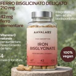 Aavalabs Ferro Bisglicinato e Vitamina C | Alto dosaggio, vegano | Scorta 4 mesi