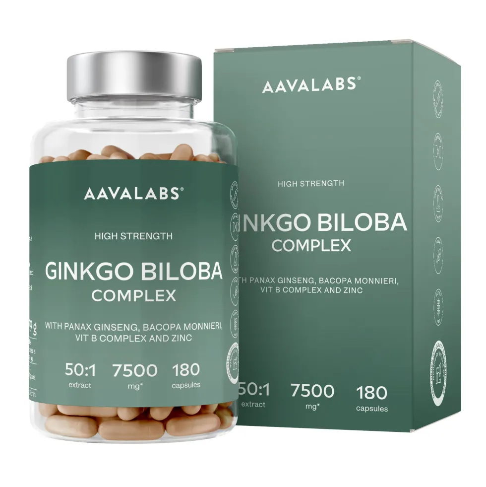 Aavalabs Ginkgo Biloba 7500mg | Bacopa, ginseng e vitamina B | Scorta 6 mesi