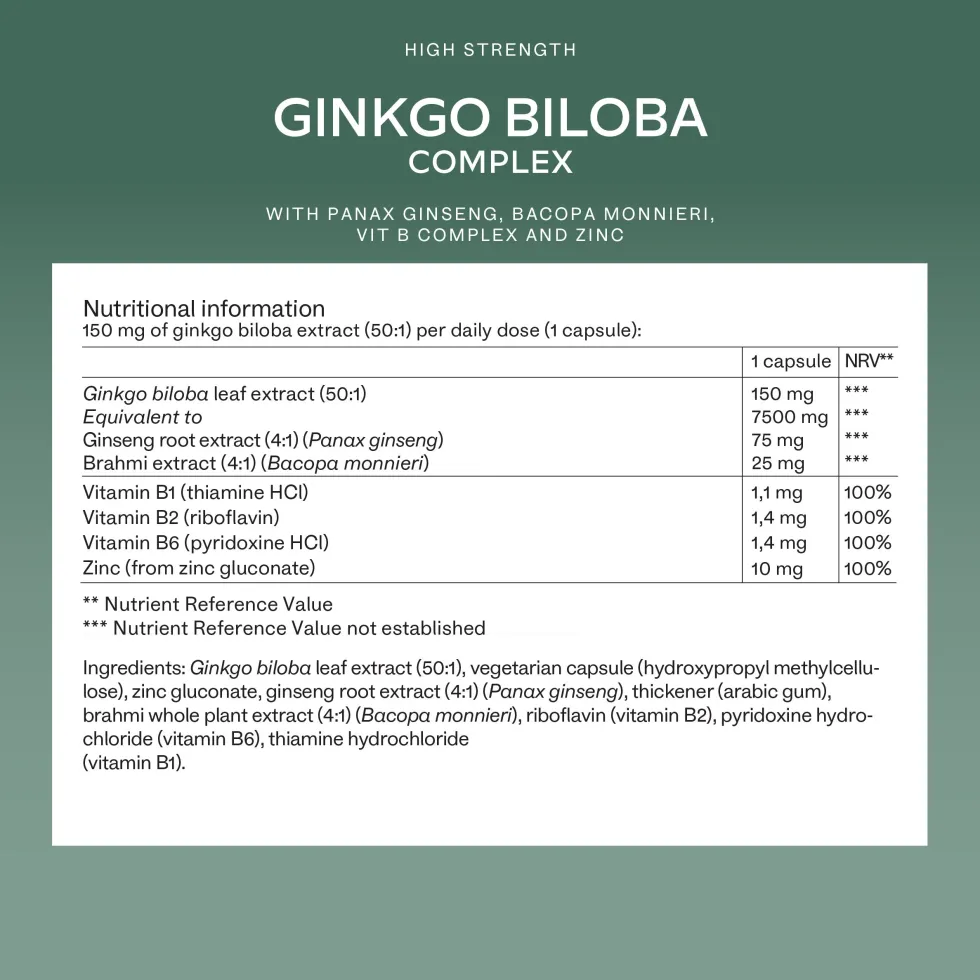 Aavalabs Ginkgo Biloba 7500mg | Bacopa, ginseng e vitamina B | Scorta 6 mesi