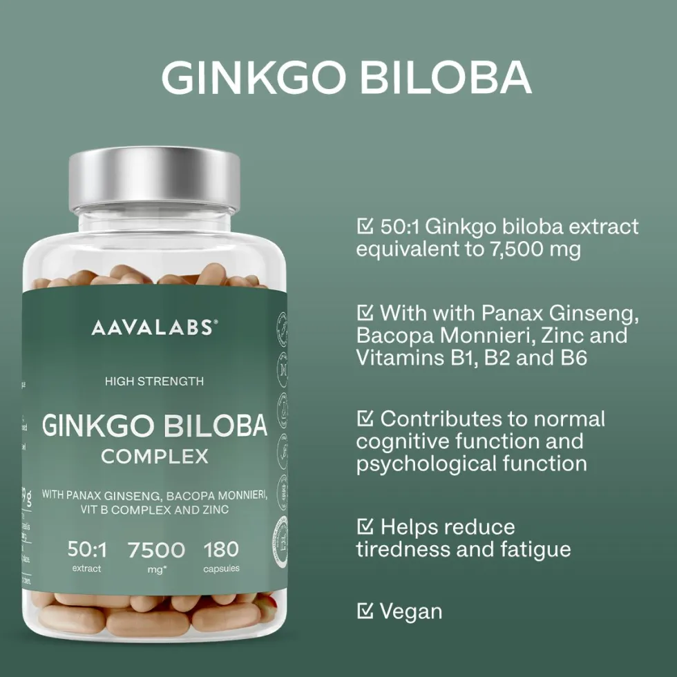 Aavalabs Ginkgo Biloba 7500mg | Bacopa, ginseng e vitamina B | Scorta 6 mesi