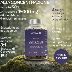 Aavalabs Lion's Mane (Hericium Erinaceus) 18.000 mg, 30:1 | Reishi e Cordyceps | Scorta per 4 mesi