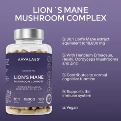Aavalabs Lion's Mane (Hericium Erinaceus) 18.000 mg, 30:1 | Reishi e Cordyceps | Scorta per 4 mesi