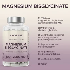 Aavalabs Magnesio Bisglicinato | Alto dosaggio 2505 mg, vegano | 180 capsule