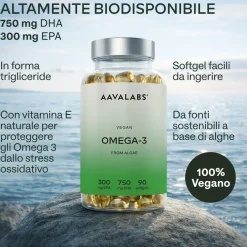 Aavalabs Omega 3 Vegano da Alghe | 750 mg DHA + 300 mg EPA | Forma TG | 90 Capsule