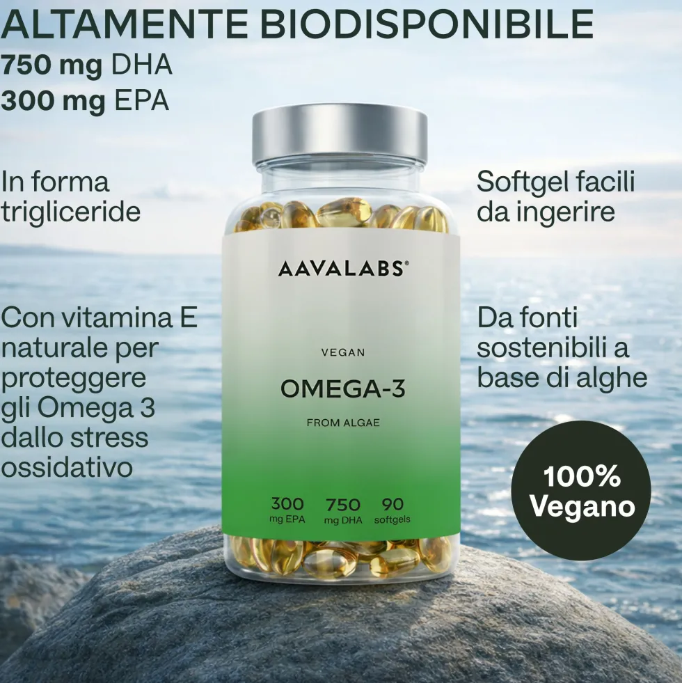 Aavalabs Omega 3 Vegano da Alghe | 750 mg DHA + 300 mg EPA | Forma TG | 90 Capsule