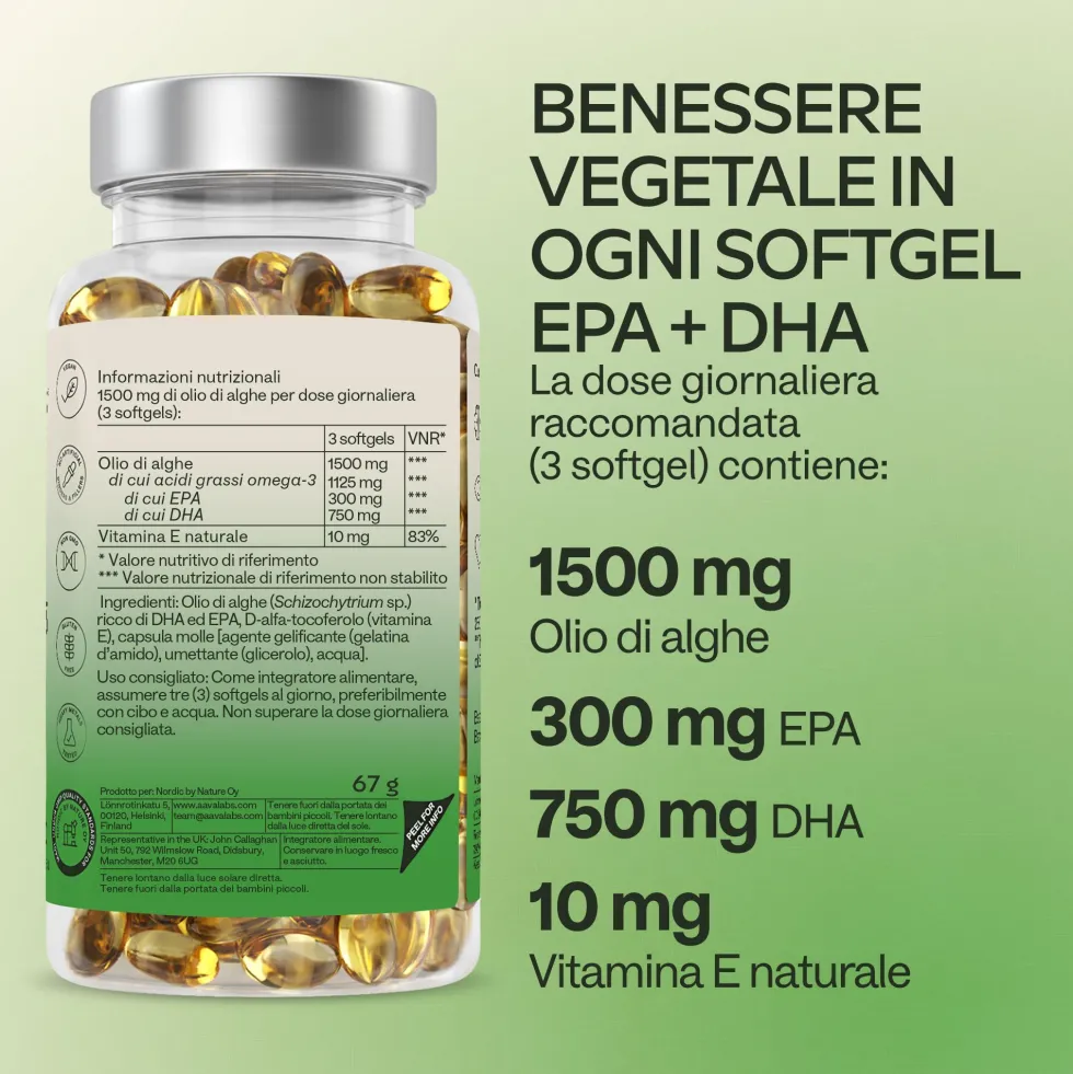 Aavalabs Omega 3 Vegano da Alghe | 750 mg DHA + 300 mg EPA | Forma TG | 90 Capsule