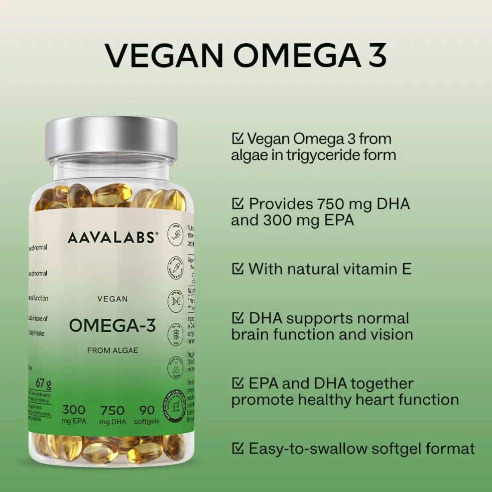 Aavalabs Omega 3 Vegano da Alghe | 750 mg DHA + 300 mg EPA | Forma TG | 90 Capsule