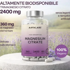 Aavalabs Tri-Magnesio Citrato 2400 mg | Alta biodisponibilità, vegano | 180 capsule