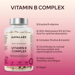 Aavalabs Vitamina B Complex Vegano | Ad alto dosaggio, con B12, B6, B1, B9... | Scorta 6 mesi