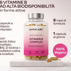 Aavalabs Vitamina B Complex Vegano | Ad alto dosaggio, con B12, B6, B1, B9... | Scorta 6 mesi
