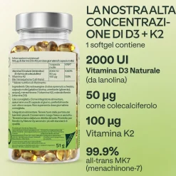 Aavalabs Vitamina D3 K2 | 2000 UI D3 + 100 µg K2 MK-7 All-Trans | Olio d'Oliva | 180 Softgel