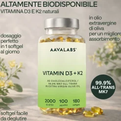 Aavalabs Vitamina D3 K2 | 2000 UI D3 + 100 µg K2 MK-7 All-Trans | Olio d'Oliva | 180 Softgel