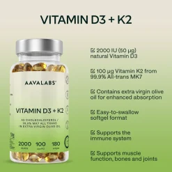 Aavalabs Vitamina D3 K2 | 2000 UI D3 + 100 µg K2 MK-7 All-Trans | Olio d'Oliva | 180 Softgel