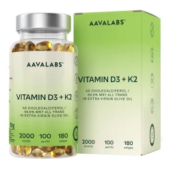Aavalabs Vitamina D3 K2 | 2000 UI D3 + 100 µg K2 MK-7 All-Trans | Olio d'Oliva | 180 Softgel