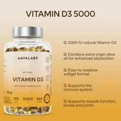 Aavalabs Vitamina D3 5000 UI | Immunità, ossa, muscoli | Scorta lunga