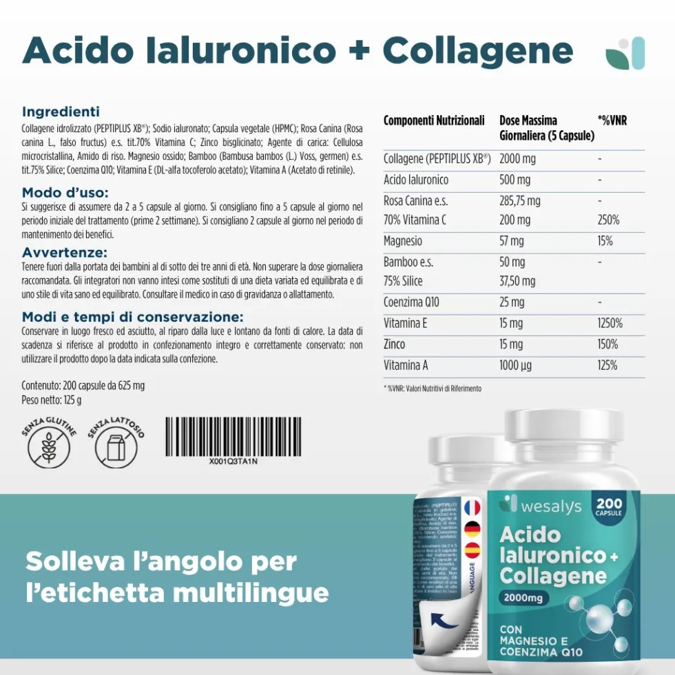 Acido Ialuronico + Collagene WESALYS® - Integratore alimentare per Articolazioni e Pelle