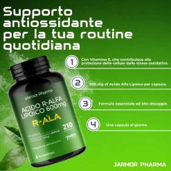 Acido R Alfa Lipoico 600mg + Vit.E | Scorta per 7 Mesi | R- ALA Puro | 210 Cps | JArmor