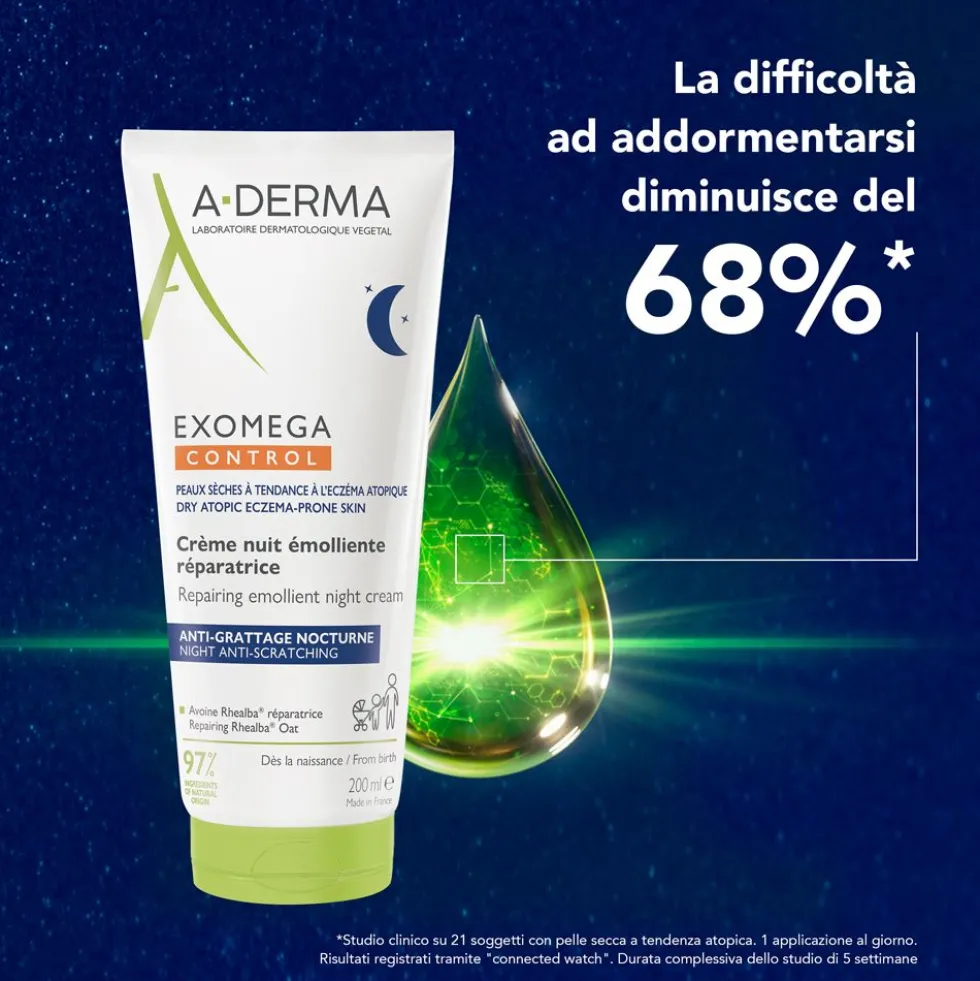 A-Derma Exomega Control Crema Notte emolliente ristrutturante, Lenisce la sensazione di prurito, aiuta a ritrovare il sonno, Pelle secca a tendenza atopica, 200ml