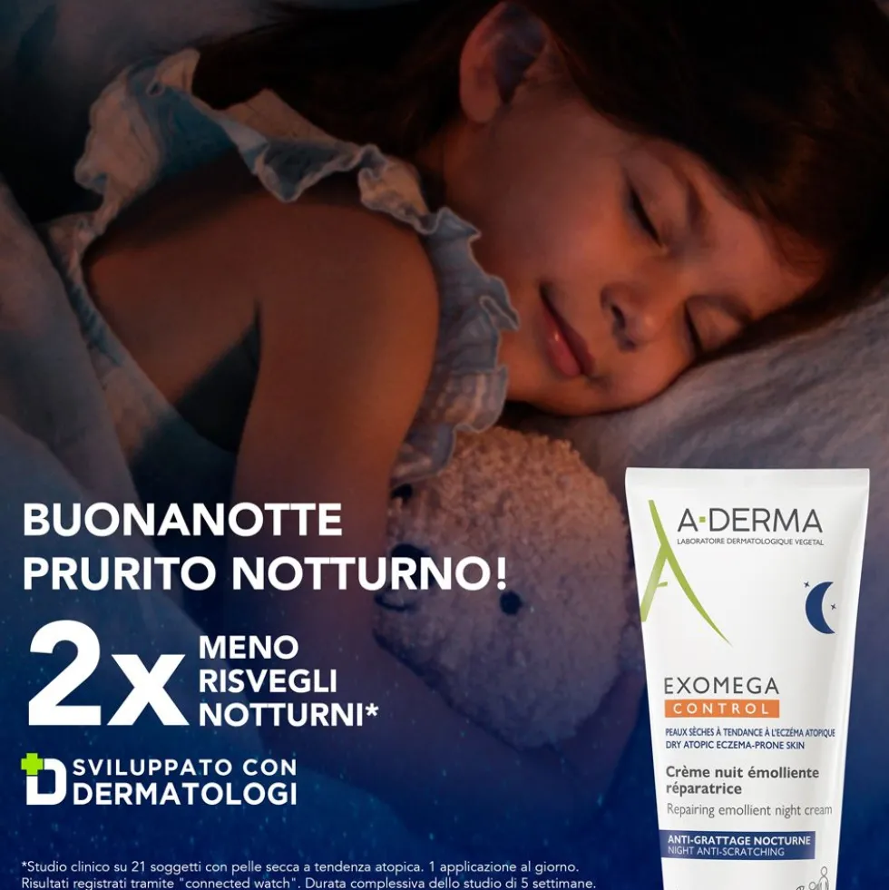 A-Derma Exomega Control Crema Notte emolliente ristrutturante, Lenisce la sensazione di prurito, aiuta a ritrovare il sonno, Pelle secca a tendenza atopica, 200ml