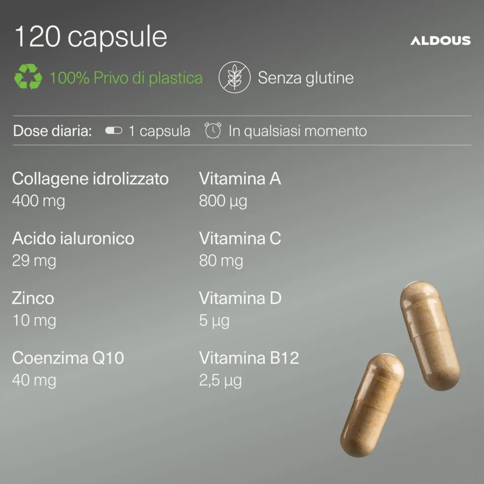 Aldous - Collagene Idrolizzato con Acido Ialuronico - Capelli, Pelle, Ossa, Muscoli