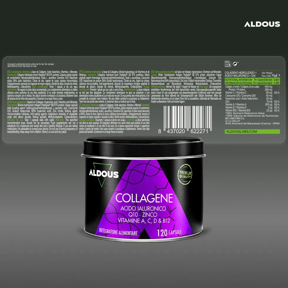Aldous - Collagene Idrolizzato con Acido Ialuronico - Capelli, Pelle, Ossa, Muscoli