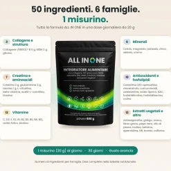 ALL IN ONE Integratore 50 Ingredienti con Collagene, Q10, Creatina e Vitamine - Gusto Arancia, 600 g