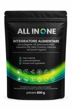 ALL IN ONE Integratore 50 Ingredienti con Collagene, Q10, Creatina e Vitamine - Gusto Arancia, 600 g