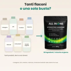ALL IN ONE Integratore 50 Ingredienti con Collagene, Q10, Creatina e Vitamine - Gusto Arancia, 600 g