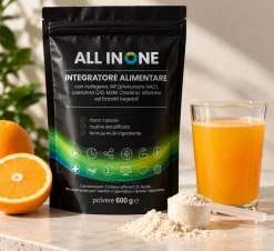 ALL IN ONE Integratore 50 Ingredienti con Collagene, Q10, Creatina e Vitamine - Gusto Arancia, 600 g