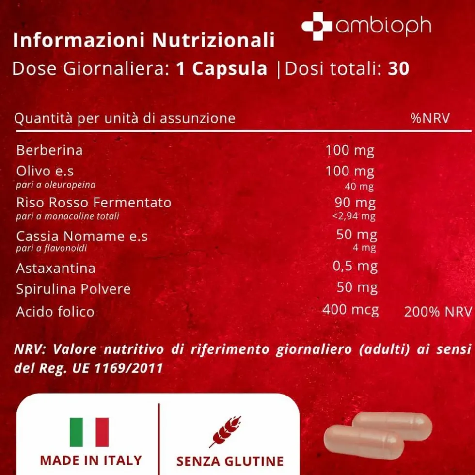 AMBIOPH - Riso rosso fermentato colesterolo - Integratore con Riso Rosso, Berberina, Acido Folico,