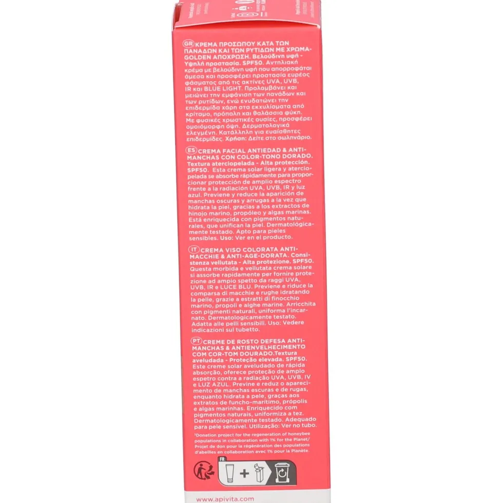 Apivita Bee Sun Safe Crema Viso Colorata Anti-Macchie e Anti-AgeSPF50 - tonalità Dorata