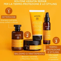 Apivita Keratin Repair Olio Termoprotettore e Riparatoratore, capelli danneggiati, anti-crespo