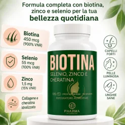 Biotina 450 mcg 900% RDA - Integratore per capelli e unghie con Cheratina, Zinco e Selenio