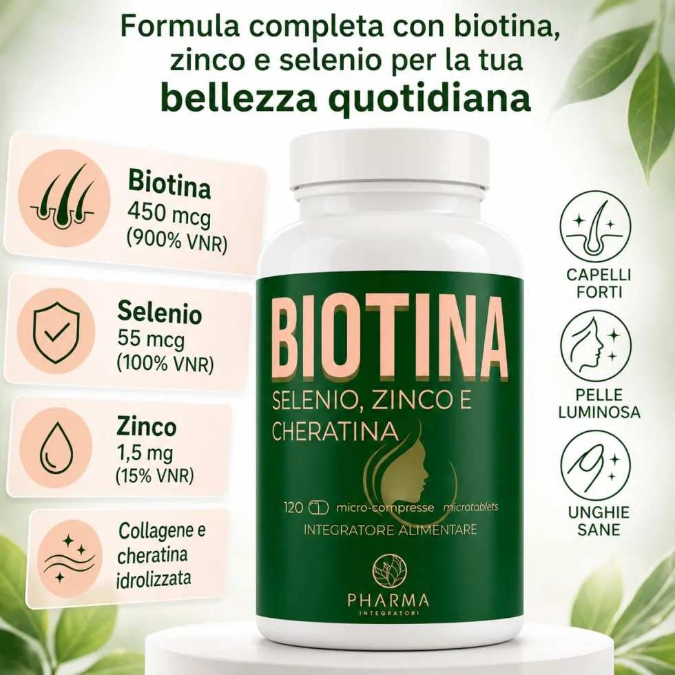 Biotina 450 mcg 900% RDA - Integratore per capelli e unghie con Cheratina, Zinco e Selenio