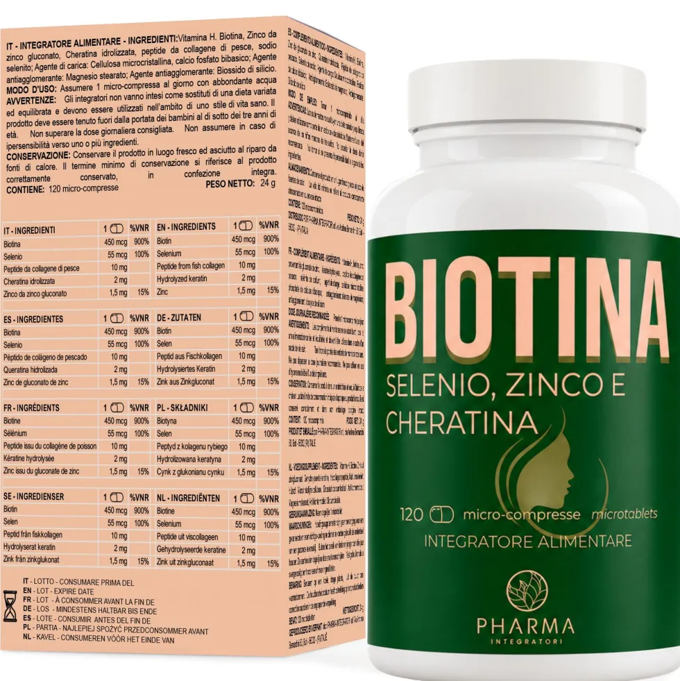 Biotina 450 mcg 900% RDA - Integratore per capelli e unghie con Cheratina, Zinco e Selenio