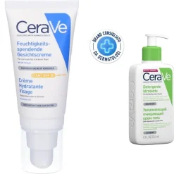 CeraVe Detergente Idratante Viso Pelle da Normale a Secca, con acido ialuronico e ceramidi 236 ml + CeraVe Crema Viso Idratante SPF30, Per Pelle da Normale a Secca, Idrata e Protegge in un solo Step, 52 ml