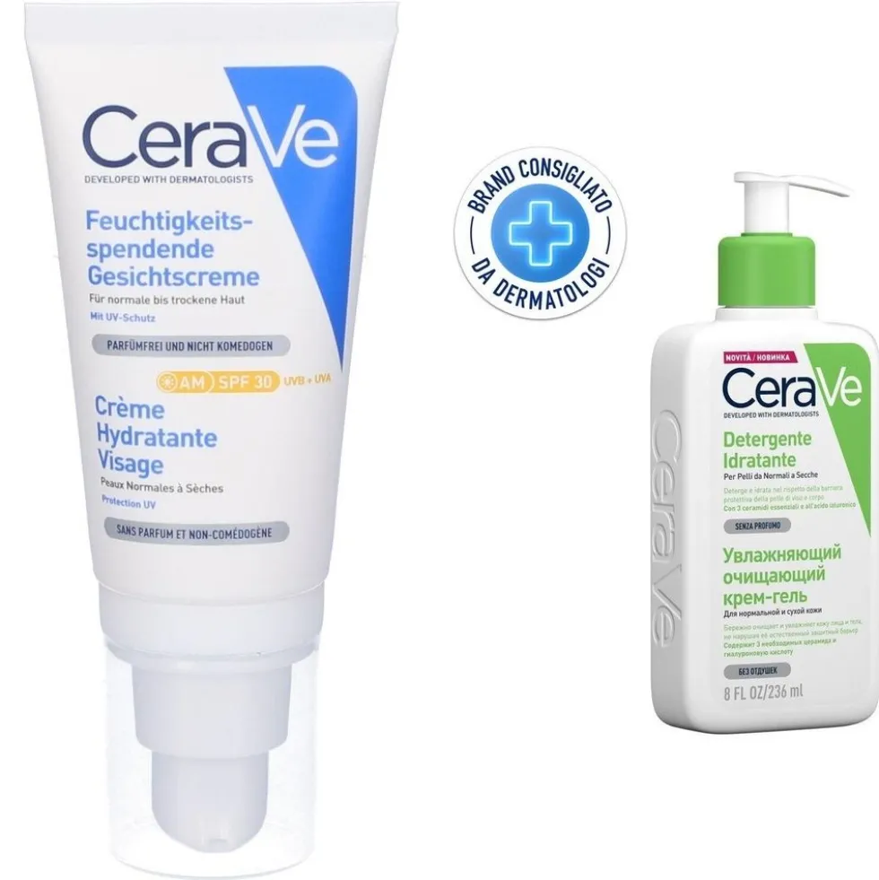 CeraVe Detergente Idratante Viso Pelle da Normale a Secca, con acido ialuronico e ceramidi 236 ml + CeraVe Crema Viso Idratante SPF30, Per Pelle da Normale a Secca, Idrata e Protegge in un solo Step, 52 ml
