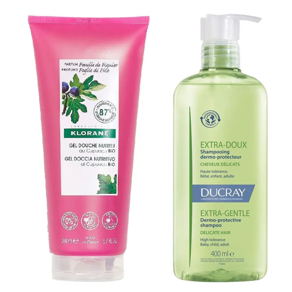Ducray Shampoo dermo-protettivo Extra-Delicato + Klorane Gel Doccia Nutritivo al Cupuaçu BIO Profumo Foglie di Fico