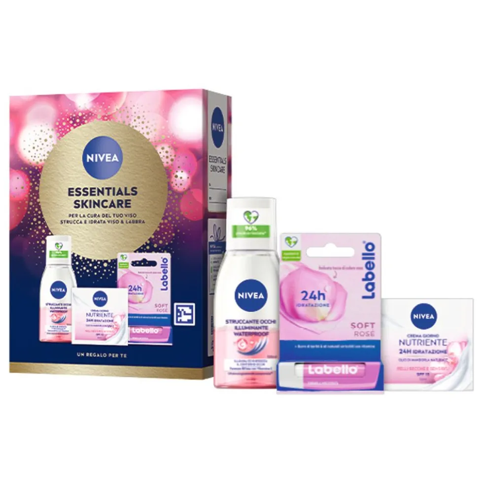 NIVEA Essentials Skincare Kit cofanetto regalo donna, Set regalo donna con Crema Viso Idratante Nutriente 50 ml, Struccante Occhi Waterproof 125 ml e Burrocacao Labbra Labello Soft Rosé 4.8 g