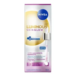 NIVEA Glow Routine Cofanetto regalo donna, Set regalo donna con Luminous630 Skin Glow Siero Viso Luminosità Immediata 30 ml, Labello Burrocacao Labbra Glowy Lips 10 ml e travel bag omaggio inclusa