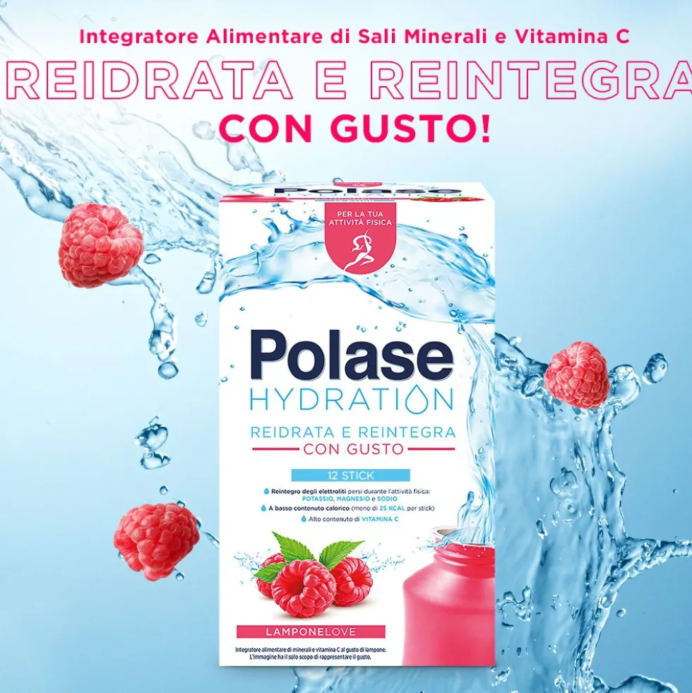 Polase Hydration Magnesio e Potassio Vitamina C Lampone, 12 bustine