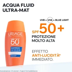 Uriage Bariésun Aqua Fluid Ultra Mat SPF50+ Crema Viso Solare Effetto Opacizzante