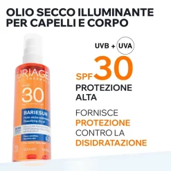 URIAGE Bariésun Olio Secco Illuminante SPF30, pelle sensibile, corpo, capelli, idrata, solare
