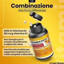 Vitamina D3+K2 - Scorta 1 Anno, D3 2000UI + 100ug K2 MK7, Vegano, Sistema Immunitario e Ossa