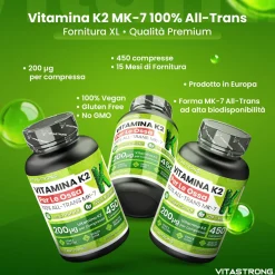 Vitastrong Vitamin K2 - 450 compresse, Supporto Ossa & Metabolismo Calcio