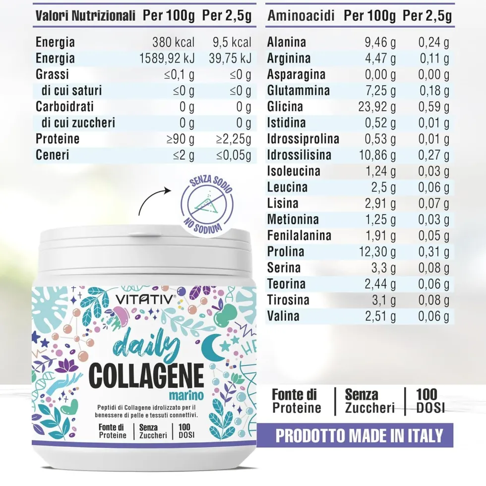 VITATIV Collagene Marino Idrolizzato Premium, Peptidi di Collagene di Pesce in Polvere, Gusto Neutro