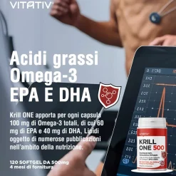 VITATIV Krill ONE - Olio di Krill Premium 500 mg con Omega-3 EPA e DHA, 40% Fosfolipidi, Astaxantina