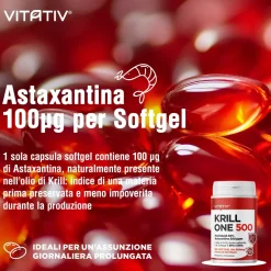 VITATIV Krill ONE - Olio di Krill Premium 500 mg con Omega-3 EPA e DHA, 40% Fosfolipidi, Astaxantina
